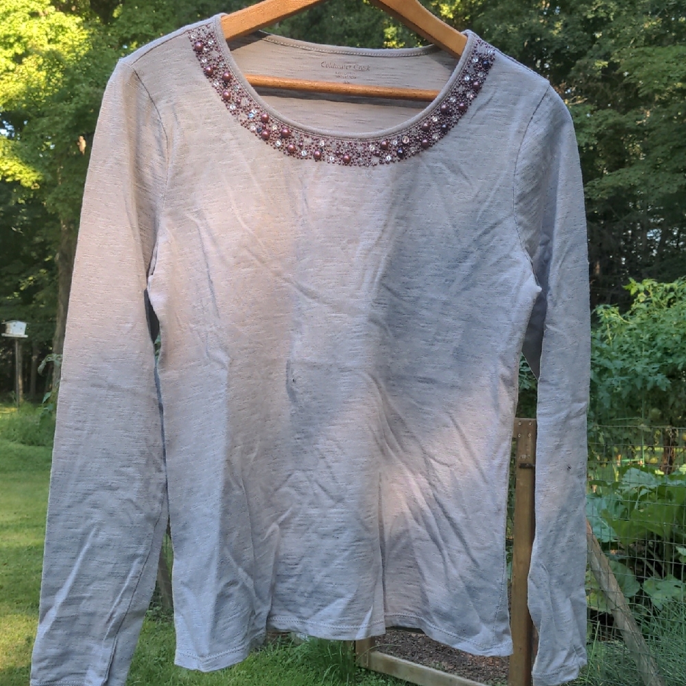 Coldwater Creek Light Gray Top with Embellished Neckline